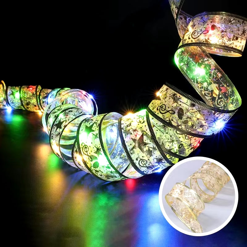 Christmas Decoration LED Ribbon Fairy Lights Christmas Tree Ornaments for Home 2024 DIY Bows Light String Navidad New Year 2025