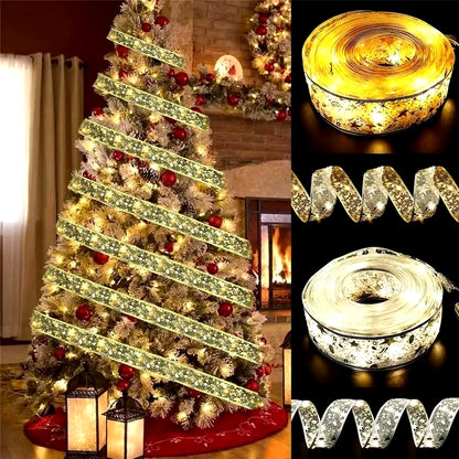 Christmas Decoration LED Ribbon Fairy Lights Christmas Tree Ornaments for Home 2024 DIY Bows Light String Navidad New Year 2025